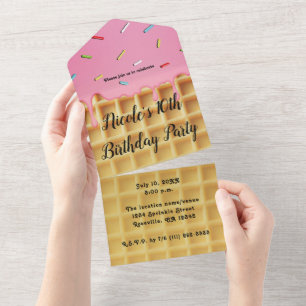 Strawberry Ice Cream Waffle Cone Birthday All In One Invitation