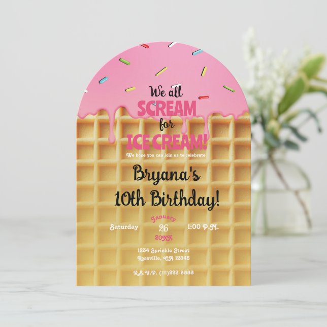 Strawberry Ice Cream Waffle Cone Birthday Invitation (Standing Front)
