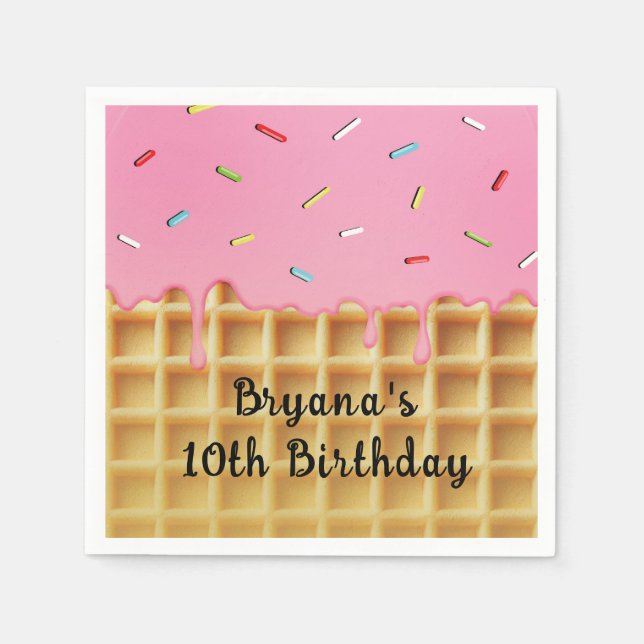 Strawberry Ice Cream Waffle Cone Birthday Napkin (Front)