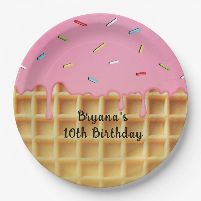 Strawberry Ice Cream Waffle Cone Birthday Paper Plate (Front)