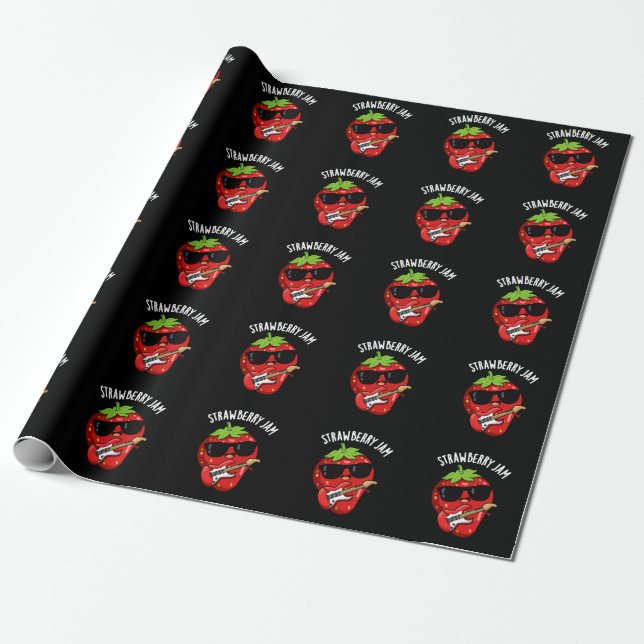 Strawberry Jam Funny Fruit Pun Dark BG Wrapping Paper (Unrolled)