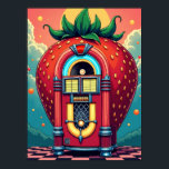 Strawberry Jukebox : Retro Surrealism Pop Art Poster<br><div class="desc">This poster transports you to a whimsical, dream-like landscape where a giant, glossy strawberry stands tall as a nostalgic jukebox. Found on a chequered floor beneath a warm, stylised sunset, this unique machine doesn't just play songs—it plays sweet, candy-coated tunes from happy memories and fantastical moments. What makes this piece...</div>