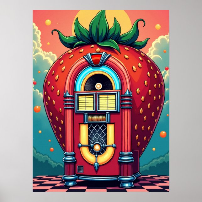 Strawberry Jukebox : Retro Surrealism Pop Art Poster (Front)