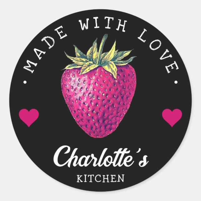 Strawberry Kitchen Home Made With Love Black Classic Round Sticker (Front)