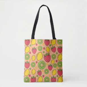 Strawberry, lemon and kiwi fruits wallpaper backgr tote bag