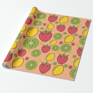 Strawberry, lemon and kiwi fruits wallpaper backgr wrapping paper