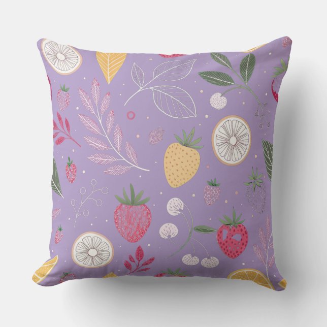 “Strawberry Lemon Botanical Pattern Throw Pillow” Cushion (Front)