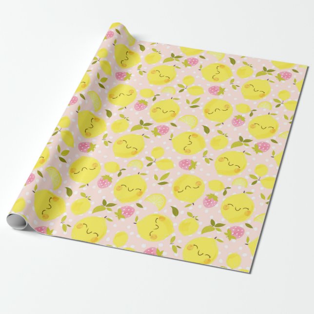 Strawberry Lemon Pink Wrapping Paper (Unrolled)