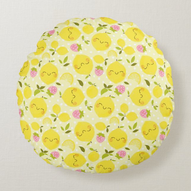 Strawberry Lemon Yellow Round Cushion (Front)