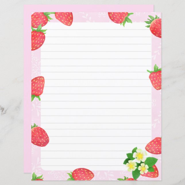 Strawberry Lined Pink Stationery Paper (Front/Back)
