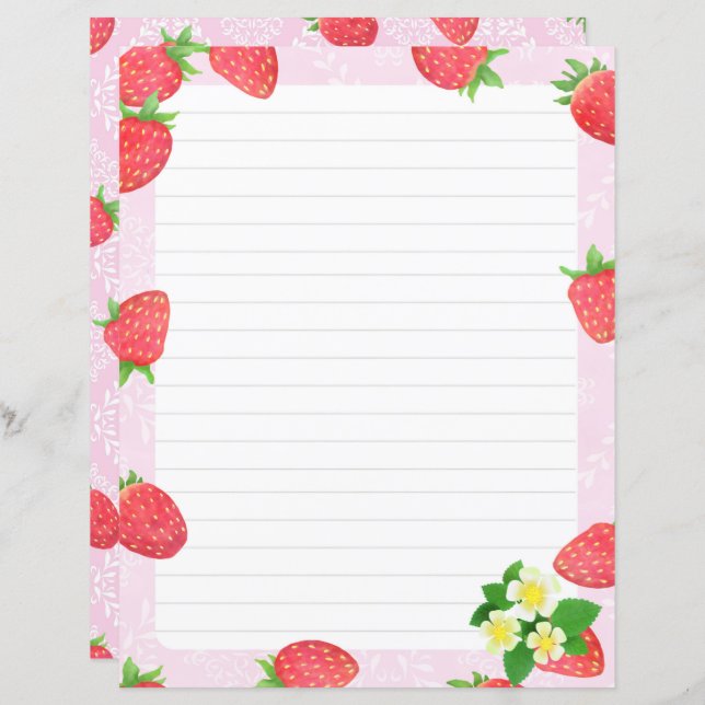 Strawberry Lined Pink Stationery Paper (Front/Back)