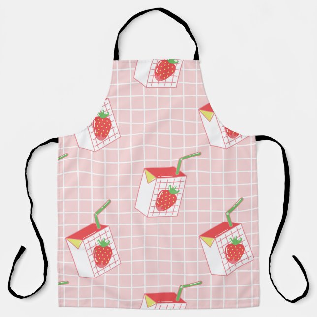Strawberry Milk Cartoons: Playful Patterns Apron (Front)