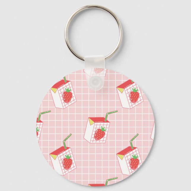 Strawberry Milk Cartoons: Playful Patterns Key Ring (Front)