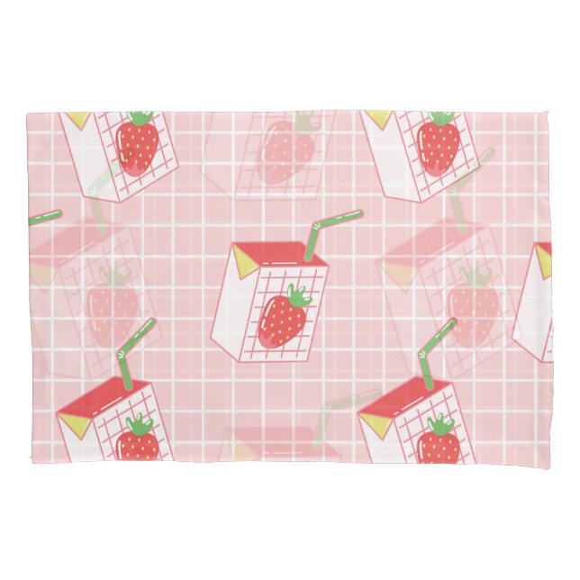 Strawberry Milk Cartoons: Playful Patterns Pillowcase (Front)