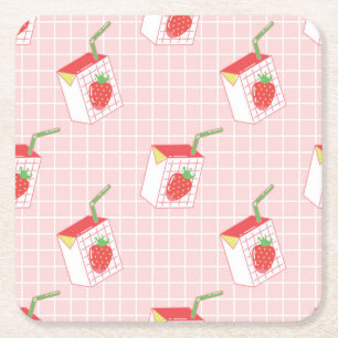Strawberry Milk Cartoons: Playful Patterns Square Paper Coaster