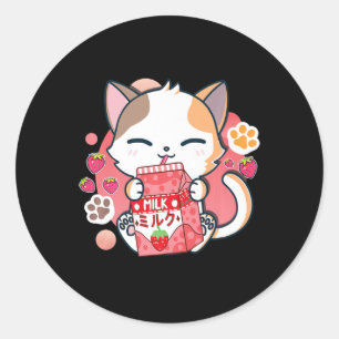 Strawberry Milk Cat Kawaii Anime Neko Gift Girls T Classic Round Sticker