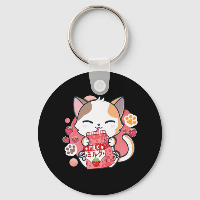 Strawberry Milk Cat Kawaii Anime Neko Gift Girls T Key Ring (Front)