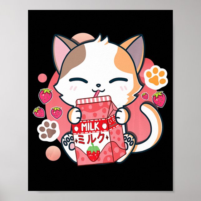 Strawberry Milk Cat Kawaii Anime Neko Gift Girls T Poster (Front)