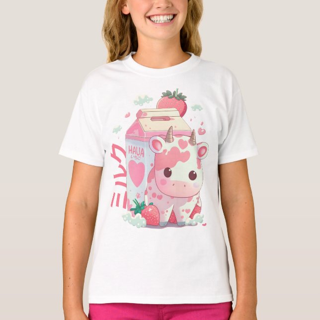 Strawberry Milk Cow Carton Cute Kawaii Japanese T-Shirt (Front)