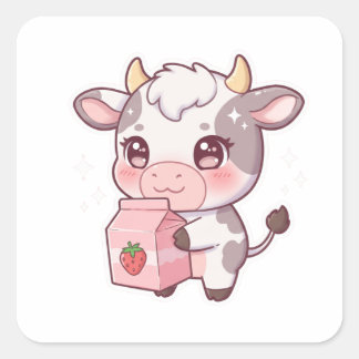 Strawberry Milk Cow – Kawaii Vibes Only! Square Sticker