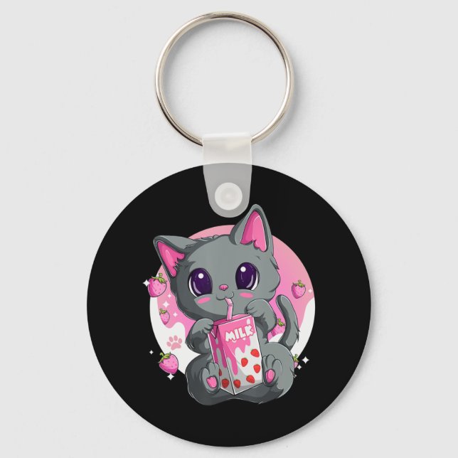 Strawberry Milk  For Women Girls Kawaii Anime Cat  Key Ring (Front)