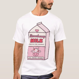 Strawberry Milk Pink Cow Kawaii Carton T-Shirt