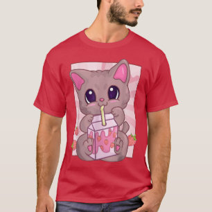 Strawberry Milkshake Cat For Women Girls, Kawaii M T-Shirt