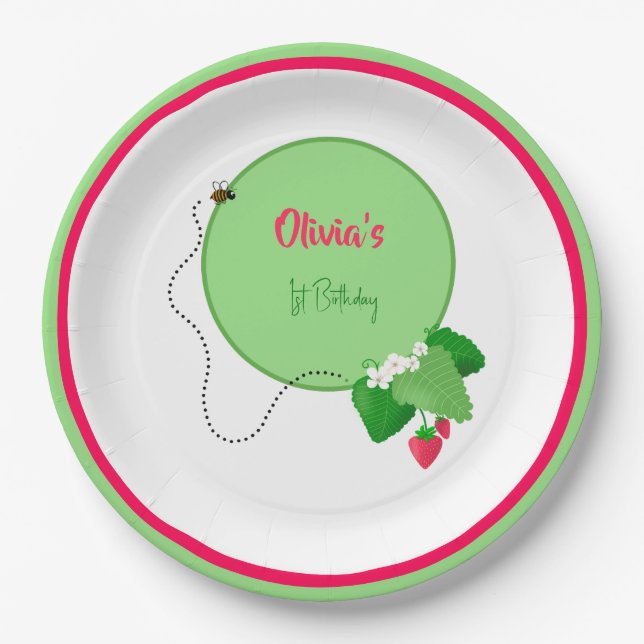 Strawberry Mint Green & Red 1st Birthday Girl Paper Plate (Front)