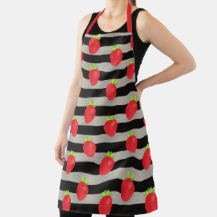 Strawberry Modern Black & White Stripes Apron