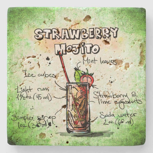 Strawberry Mojito Drink Recipe Stone Coaster (Front)