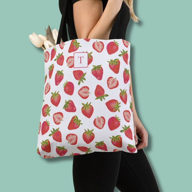 Strawberry Monogram Pattern Tote Bag (Strawberry pattern monogram tote bag)