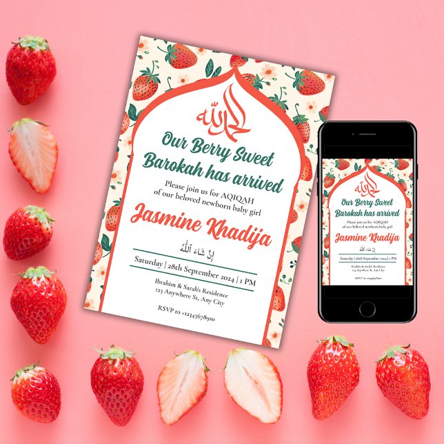 Strawberry Muslim Baby Girl Aqiqah Islamic Invitation (Creator Uploaded)