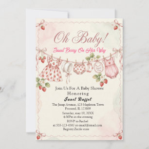 Strawberry Oh Baby Sweet Pea clothline baby shower Invitation