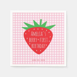 Strawberry on Pink Plaid Girl Berry First Birthday Napkin