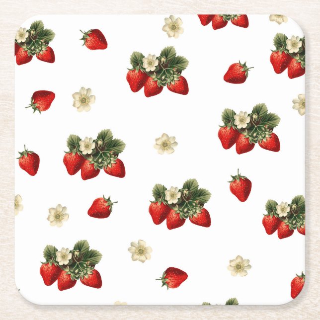Strawberry paper coasters with blossoms on white (Front)