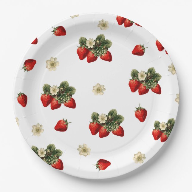 Strawberry paper plates with blossoms on white (Front)