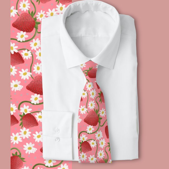 Strawberry Patch pink Tie (Strawberry fruit and blossoms pattern)