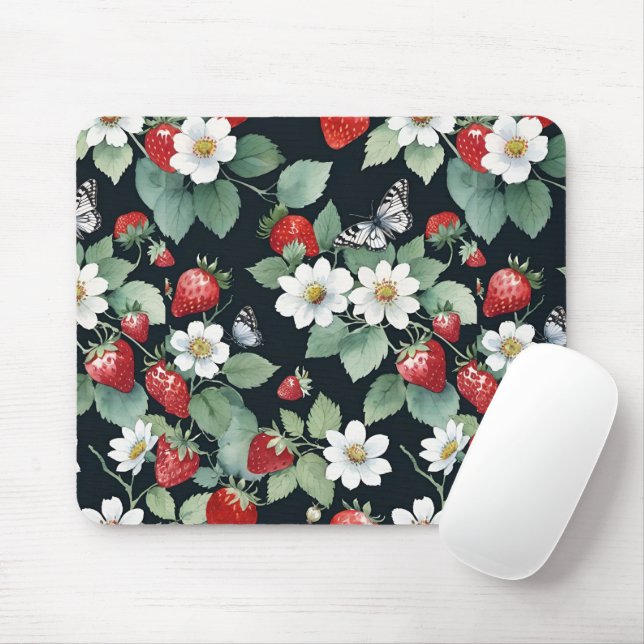 Strawberry Patch with Flowers & Butterflies Black Mouse Pad (With Mouse)