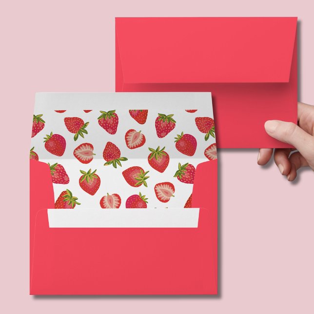 Strawberry Pattern Envelope (Strawberry lined envelope with red outside. Perfect for girls birthday parties and baby showers.)
