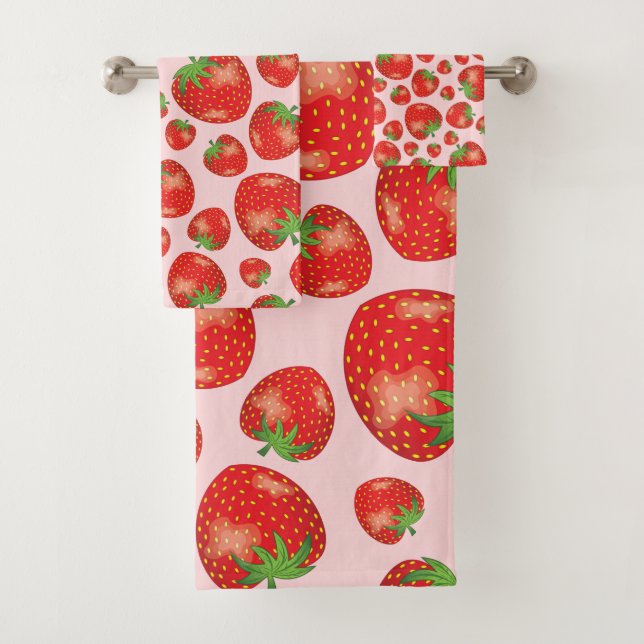 Strawberry Pattern Illustration On Light Pink Bath Towel Set (Insitu)