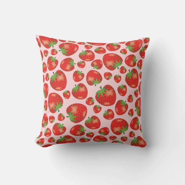 Strawberry Pattern Illustration On Light Pink Cushion (Front)