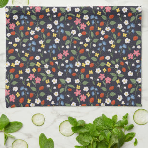 Strawberry pattern navy tea towel