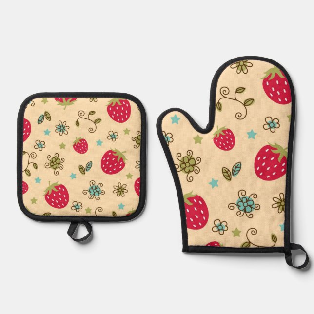 Strawberry pattern oven mitt & pot holder set (Front)