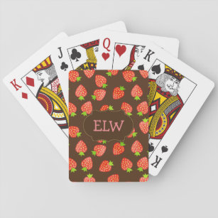 Strawberry Pattern Pretty Monogram Pink Brown Playing Cards