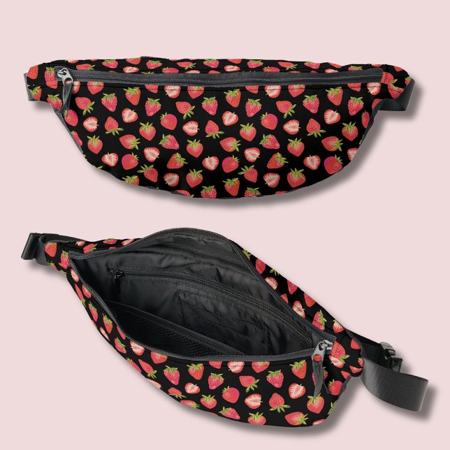 Strawberry pattern red black bum bags (Strawberry pattern fanny pack on black background.  Other bag styles available.)