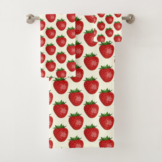 Strawberry Pattern, Red Strawberries, Fruit, Leaf Bath Towel Set (Insitu)