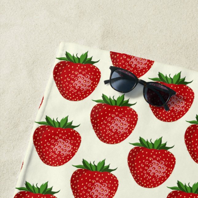 Strawberry Pattern, Red Strawberries, Fruit, Leaf Beach Towel (In Situ)