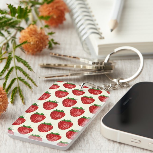 Strawberry Pattern, Red Strawberries, Fruit, Leaf Key Ring (Front Right)
