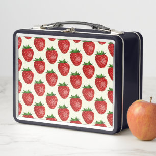 Strawberry Pattern, Red Strawberries, Fruit, Leaf Metal Lunch Box