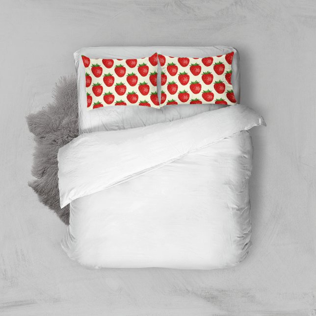 Strawberry Pattern, Red Strawberries, Fruit, Leaf Pillowcase (Creator Uploaded)